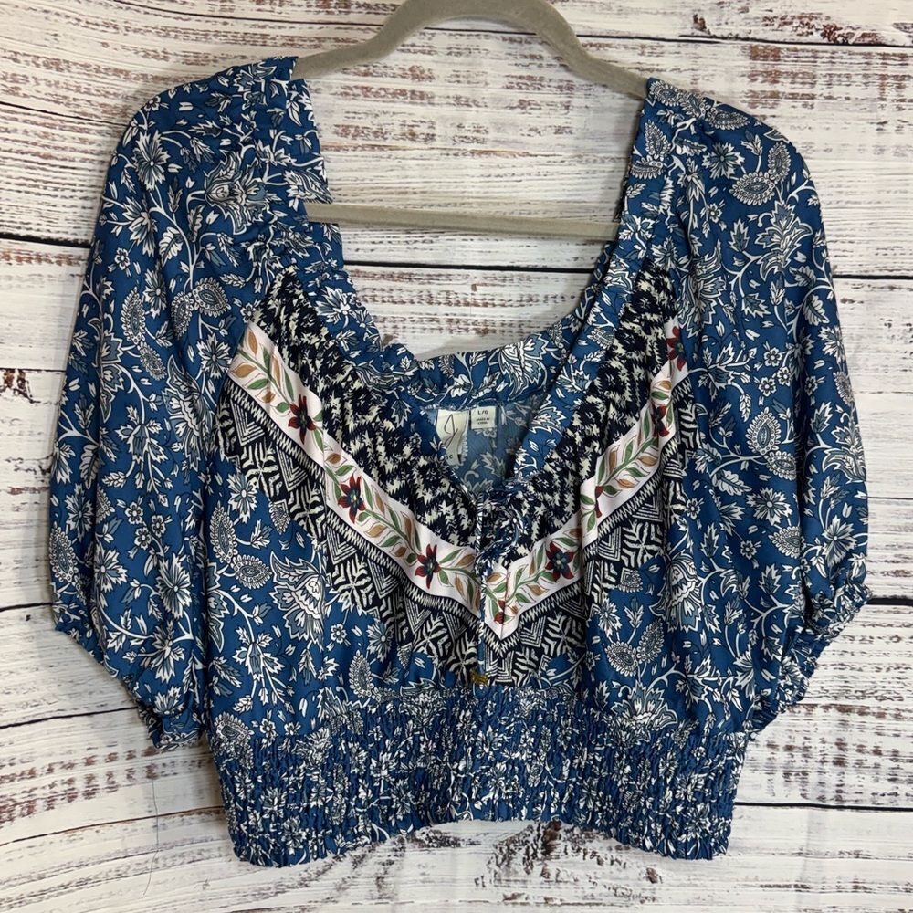 Joie Top Womens size large Blue Floral Paisley Boho Crop Puff Sleeve Smocked